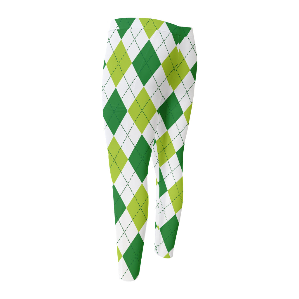 White And Green Argyle Pattern Print Men's Compression Pants