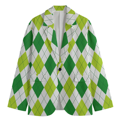 White And Green Argyle Pattern Print Men's Cotton Blazer