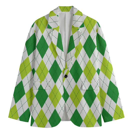 White And Green Argyle Pattern Print Men's Cotton Blazer