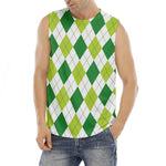 White And Green Argyle Pattern Print Men's Fitness Tank Top
