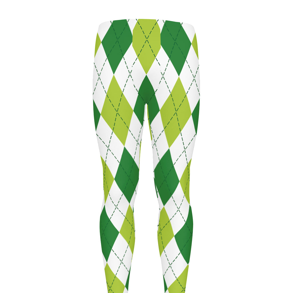 White And Green Argyle Pattern Print Men's leggings