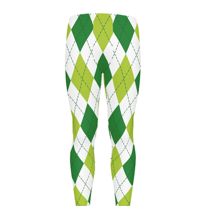 White And Green Argyle Pattern Print Men's leggings