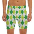 White And Green Argyle Pattern Print Men's Long Boxer Briefs