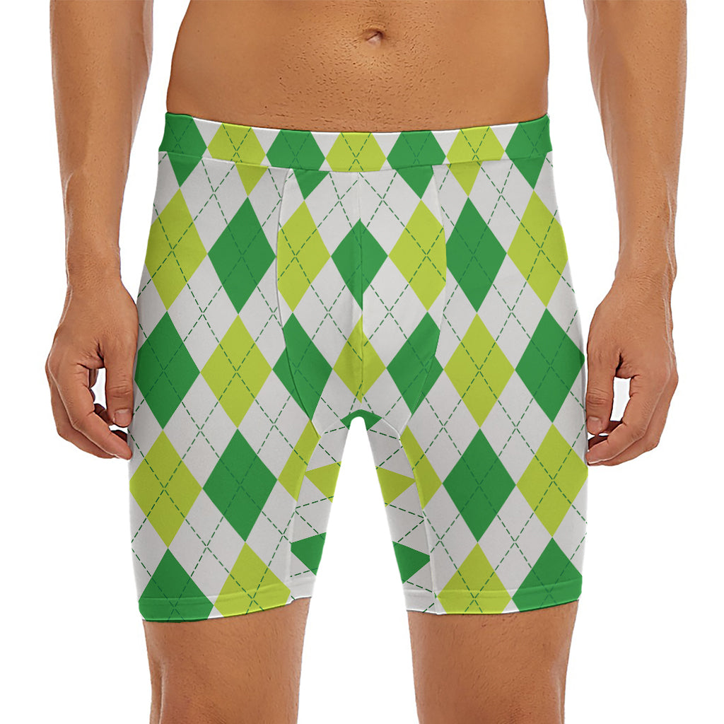 White And Green Argyle Pattern Print Men's Long Boxer Briefs