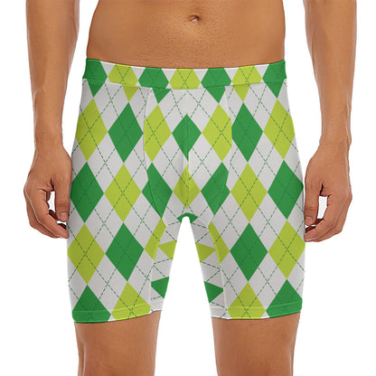 White And Green Argyle Pattern Print Men's Long Boxer Briefs