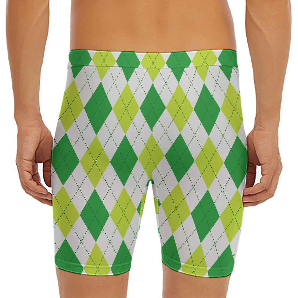 White And Green Argyle Pattern Print Men's Long Boxer Briefs