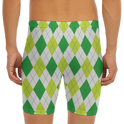 White And Green Argyle Pattern Print Men's Long Boxer Briefs