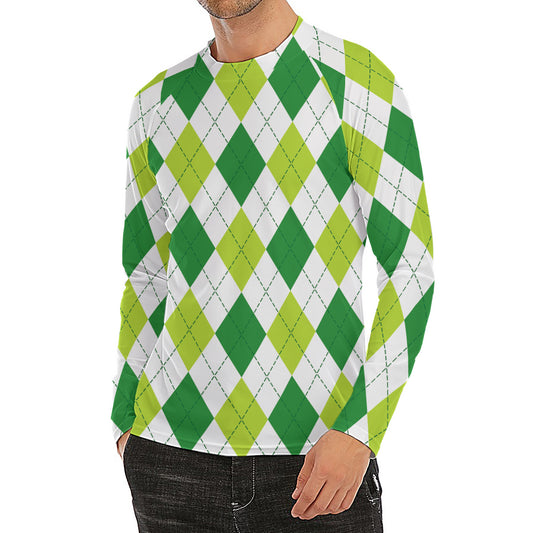 White And Green Argyle Pattern Print Men's Long Sleeve Rash Guard