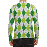 White And Green Argyle Pattern Print Men's Long Sleeve Rash Guard
