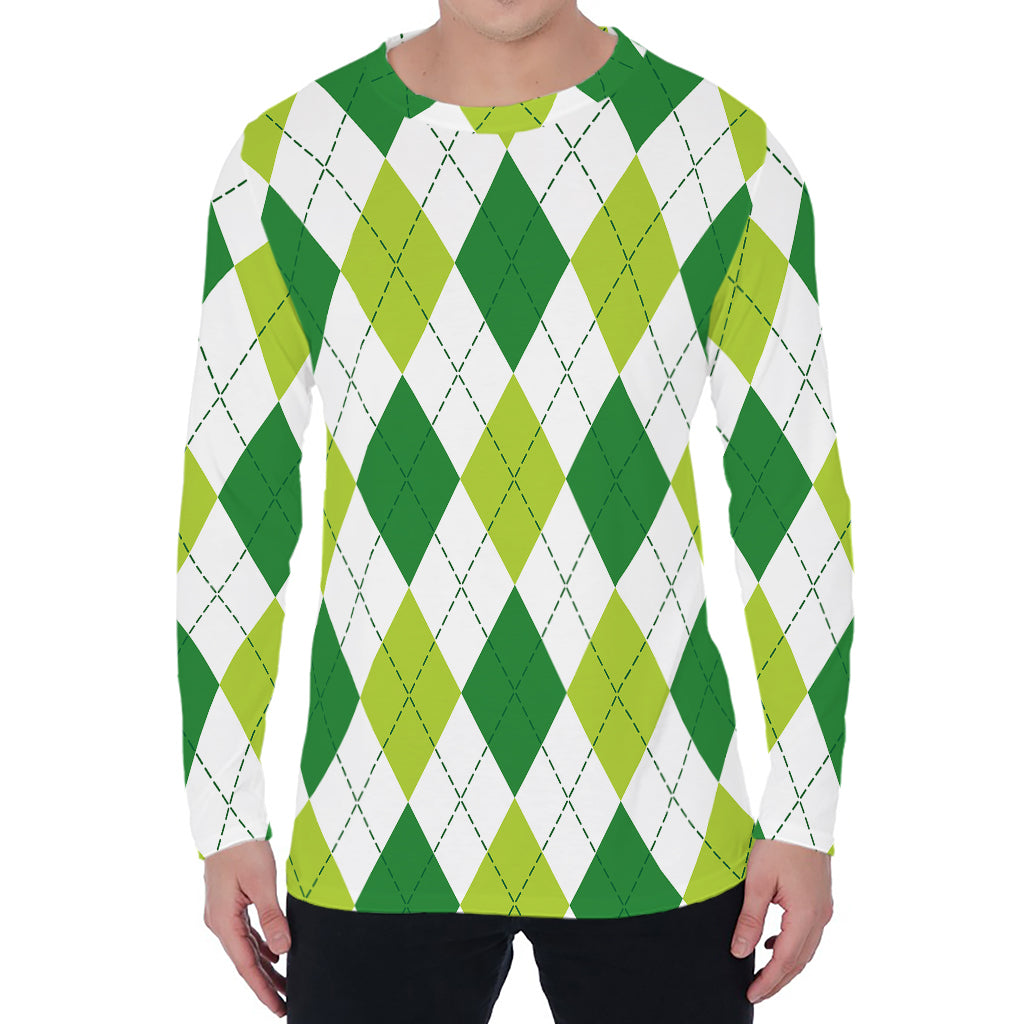 White And Green Argyle Pattern Print Men's Long Sleeve T-Shirt