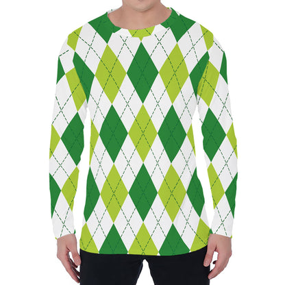 White And Green Argyle Pattern Print Men's Long Sleeve T-Shirt