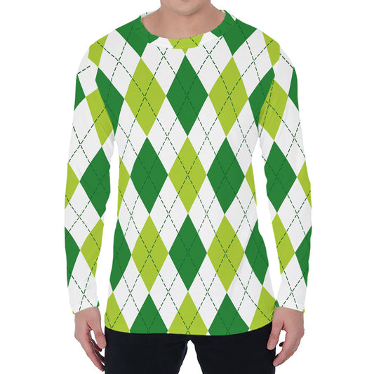 White And Green Argyle Pattern Print Men's Long Sleeve T-Shirt