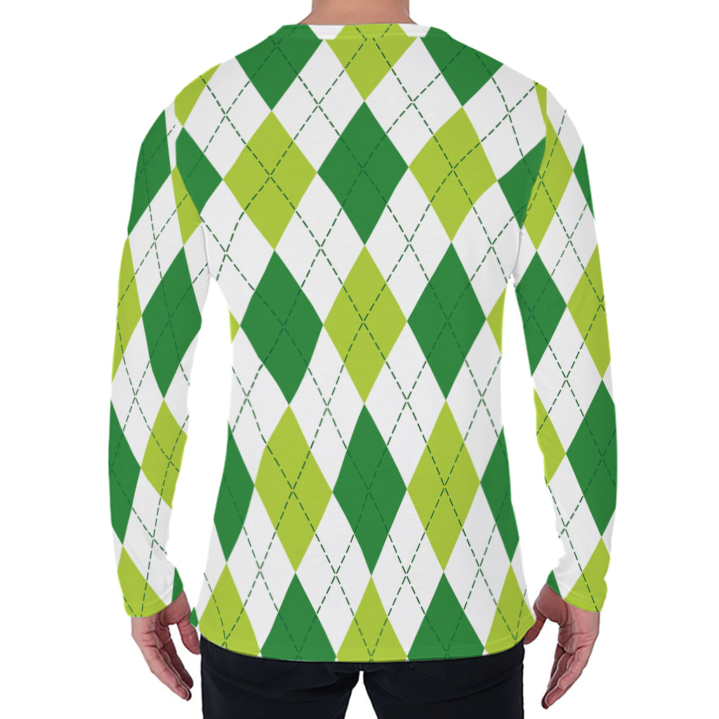 White And Green Argyle Pattern Print Men's Long Sleeve T-Shirt