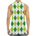 White And Green Argyle Pattern Print Men's Muscle Tank Top