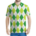 White And Green Argyle Pattern Print Men's Polo Shirt