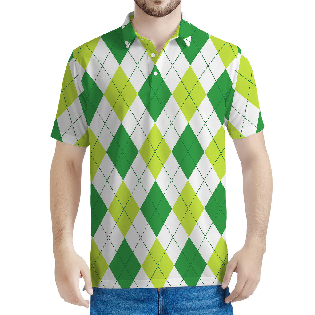 White And Green Argyle Pattern Print Men's Polo Shirt