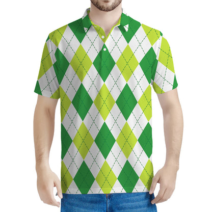 White And Green Argyle Pattern Print Men's Polo Shirt