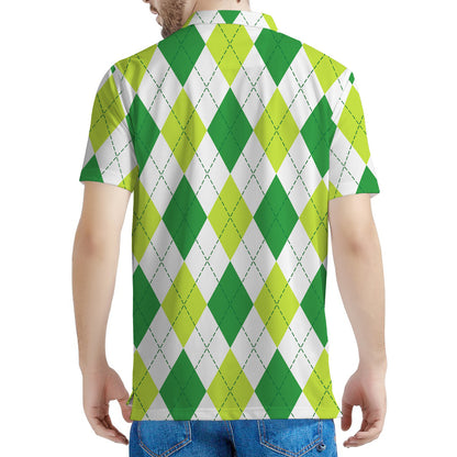 White And Green Argyle Pattern Print Men's Polo Shirt