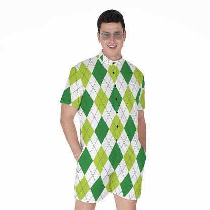 White And Green Argyle Pattern Print Men's Rompers
