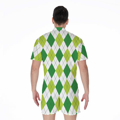 White And Green Argyle Pattern Print Men's Rompers