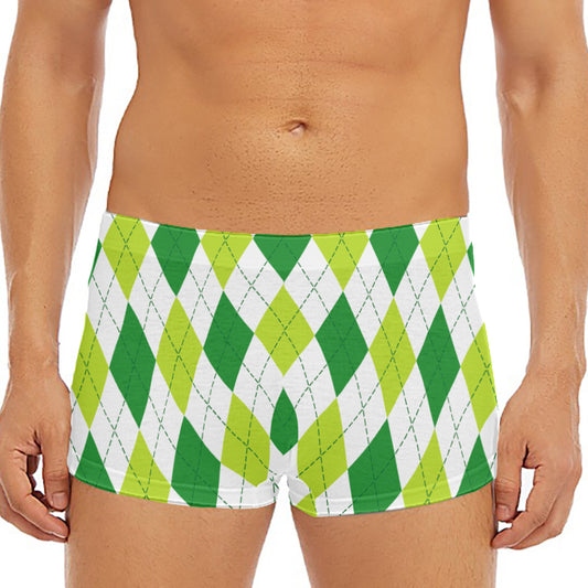 White And Green Argyle Pattern Print Men's Short Boxer Briefs