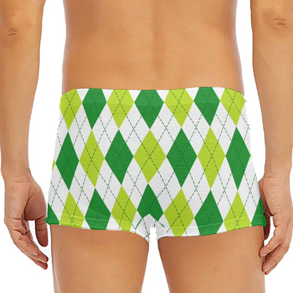 White And Green Argyle Pattern Print Men's Short Boxer Briefs