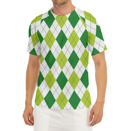 White And Green Argyle Pattern Print Men's Short Sleeve Rash Guard