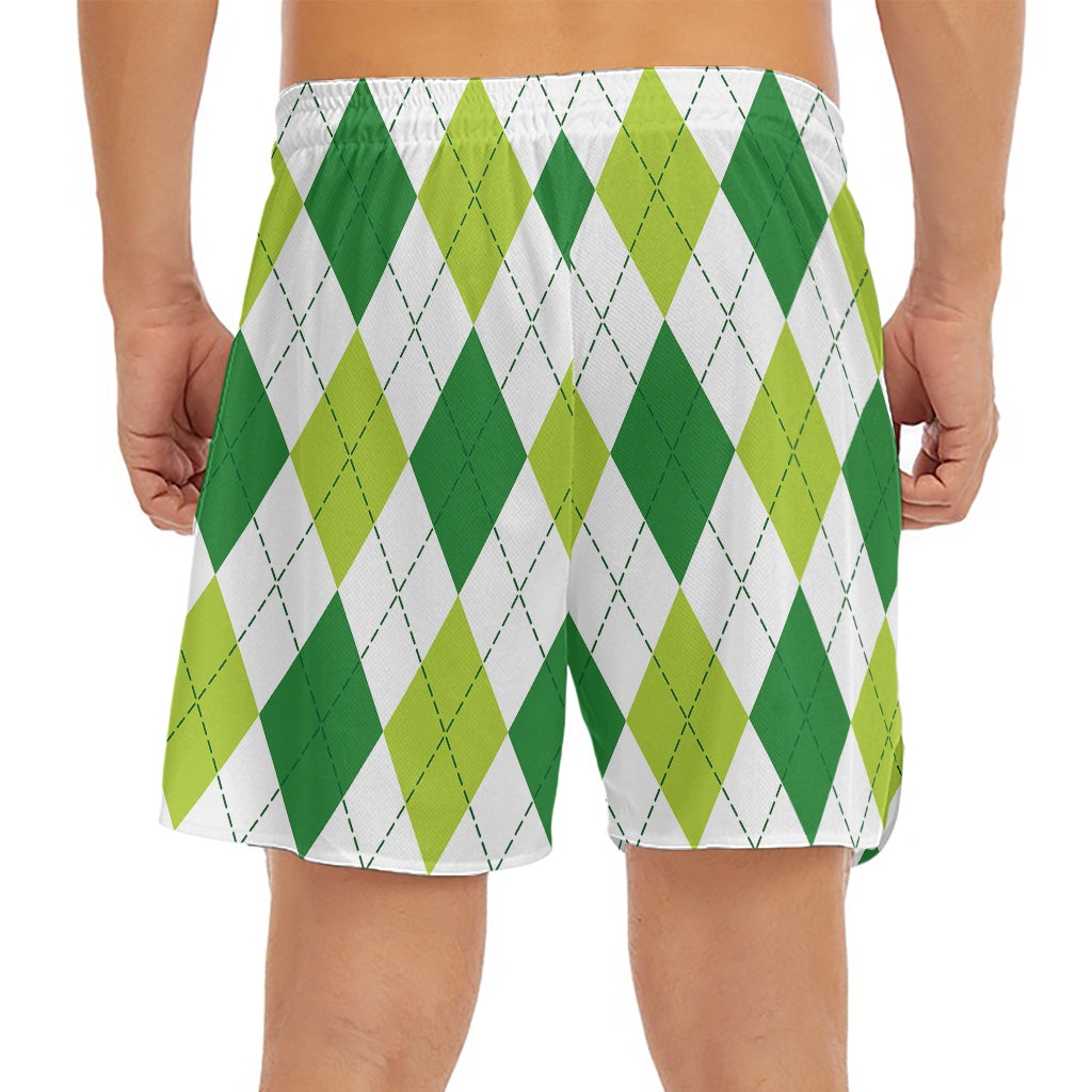 White And Green Argyle Pattern Print Men's Split Running Shorts