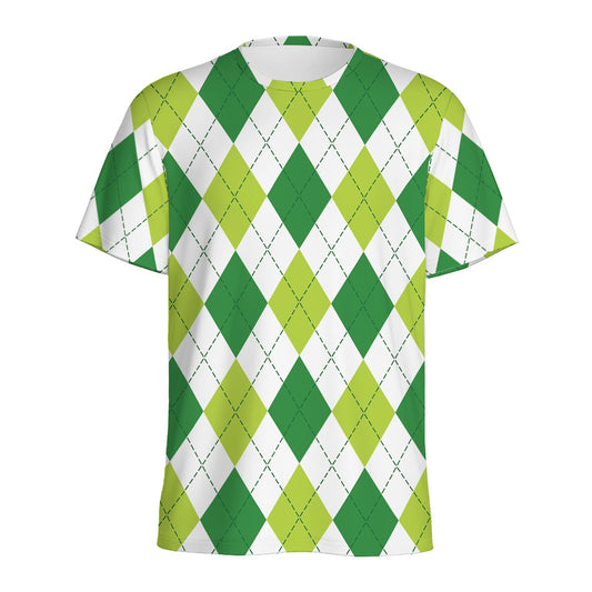 White And Green Argyle Pattern Print Men's Sports T-Shirt