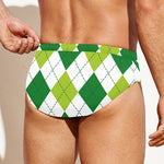 White And Green Argyle Pattern Print Men's Swim Briefs