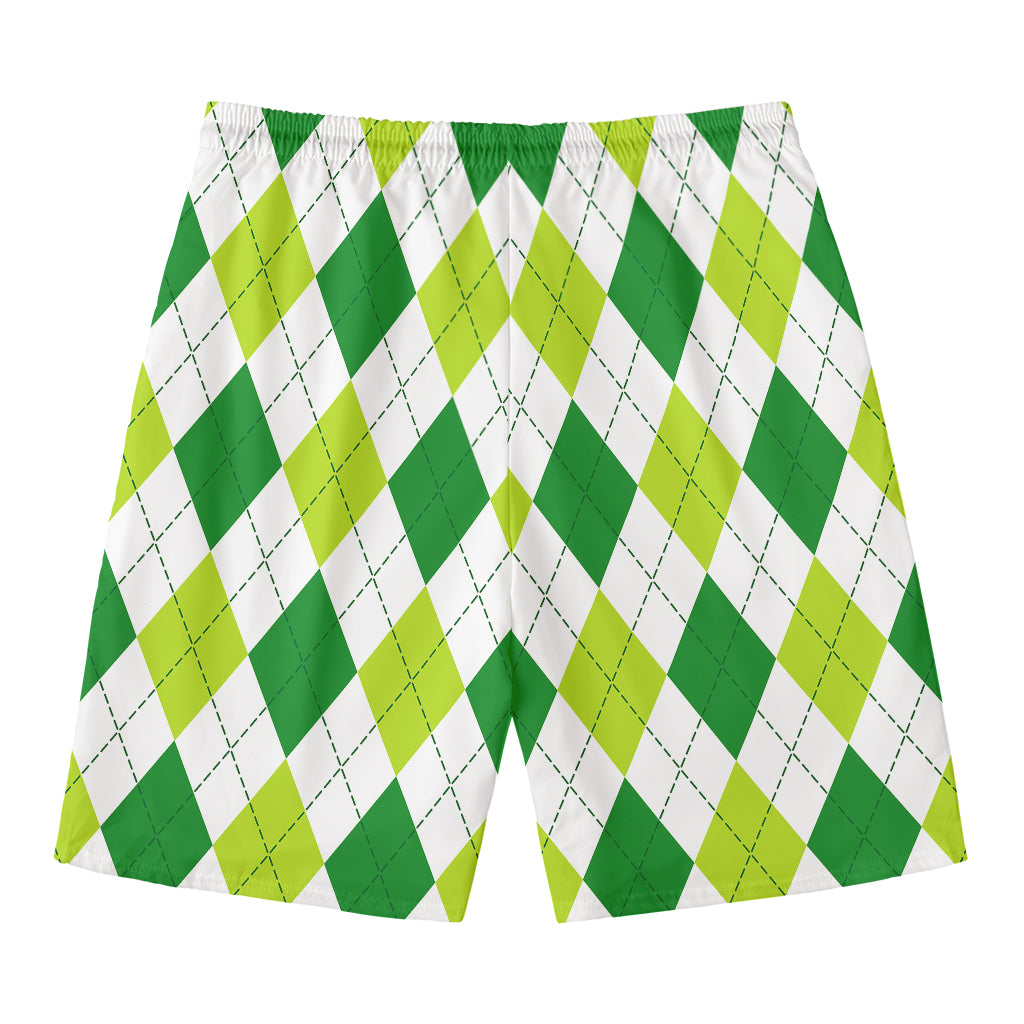 White And Green Argyle Pattern Print Men's Swim Trunks