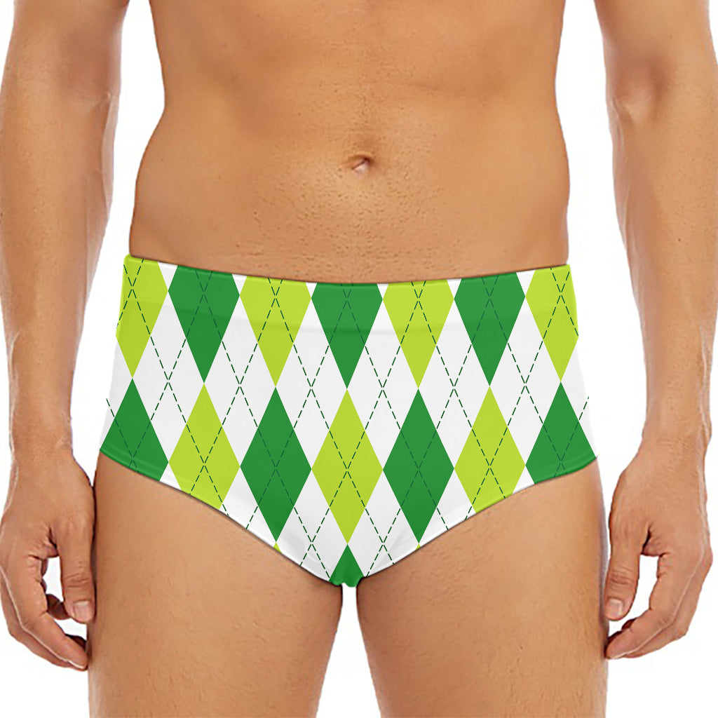 White And Green Argyle Pattern Print Men's Triangle Swim Briefs