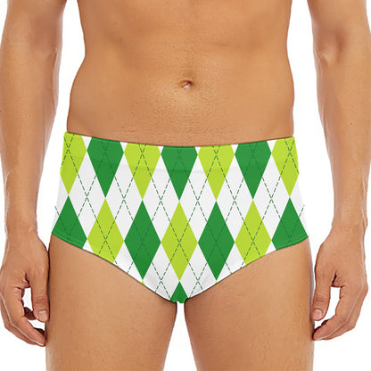 White And Green Argyle Pattern Print Men's Triangle Swim Briefs