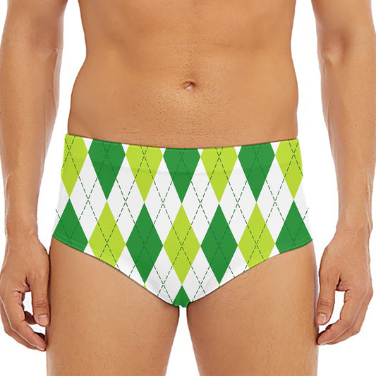 White And Green Argyle Pattern Print Men's Triangle Swim Briefs