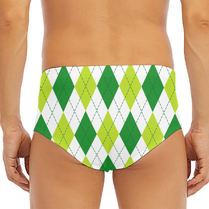White And Green Argyle Pattern Print Men's Triangle Swim Briefs