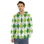 White And Green Argyle Pattern Print Men's Velvet Pullover Hoodie
