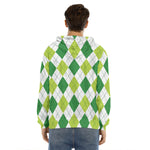 White And Green Argyle Pattern Print Men's Velvet Pullover Hoodie