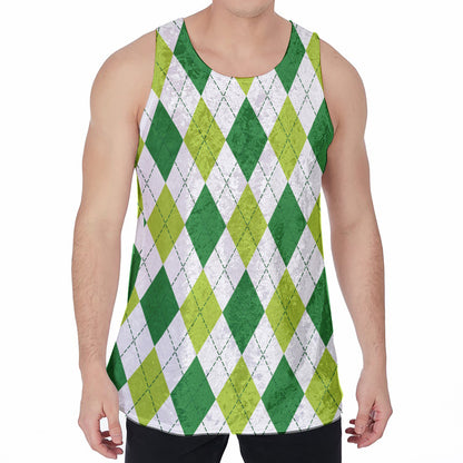 White And Green Argyle Pattern Print Men's Velvet Tank Top