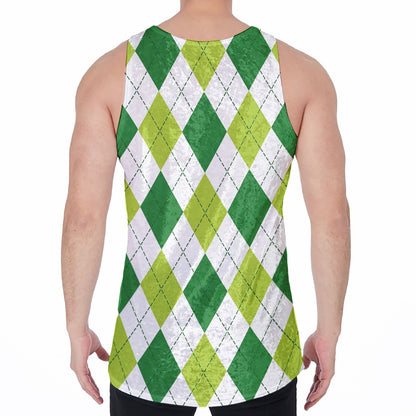 White And Green Argyle Pattern Print Men's Velvet Tank Top