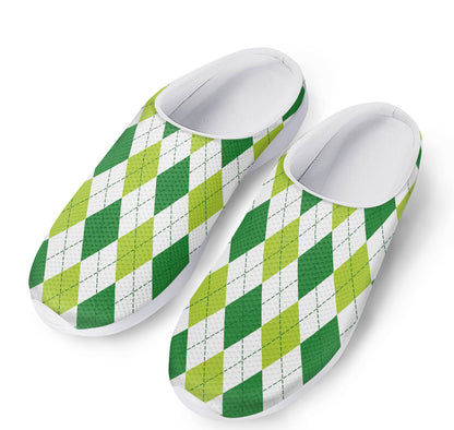 White And Green Argyle Pattern Print Mesh Casual Shoes