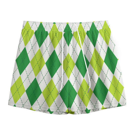 White And Green Argyle Pattern Print Mesh Shorts