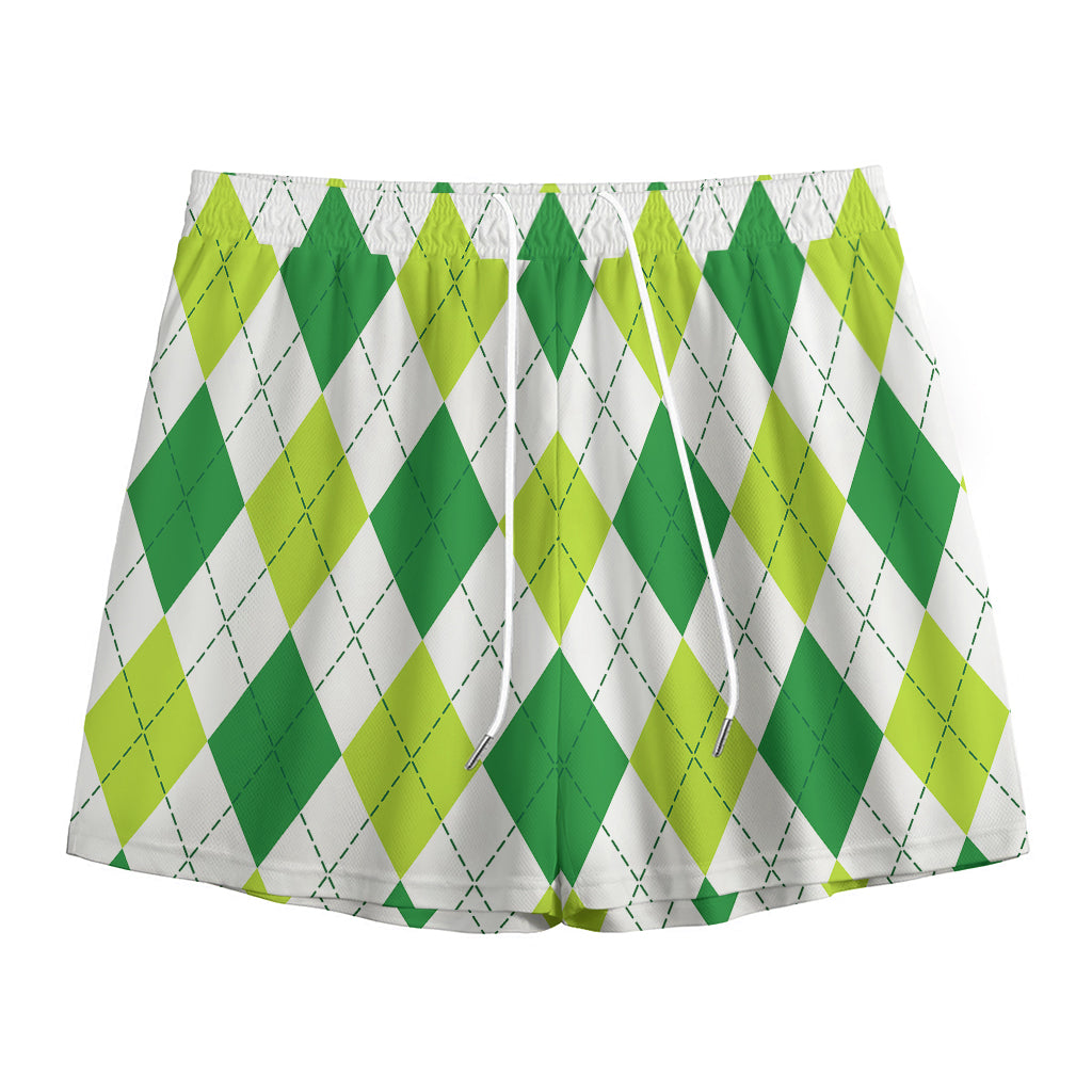 White And Green Argyle Pattern Print Mesh Shorts
