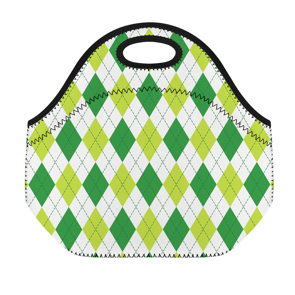 White And Green Argyle Pattern Print Neoprene Lunch Bag