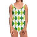 White And Green Argyle Pattern Print One Piece Swimsuit