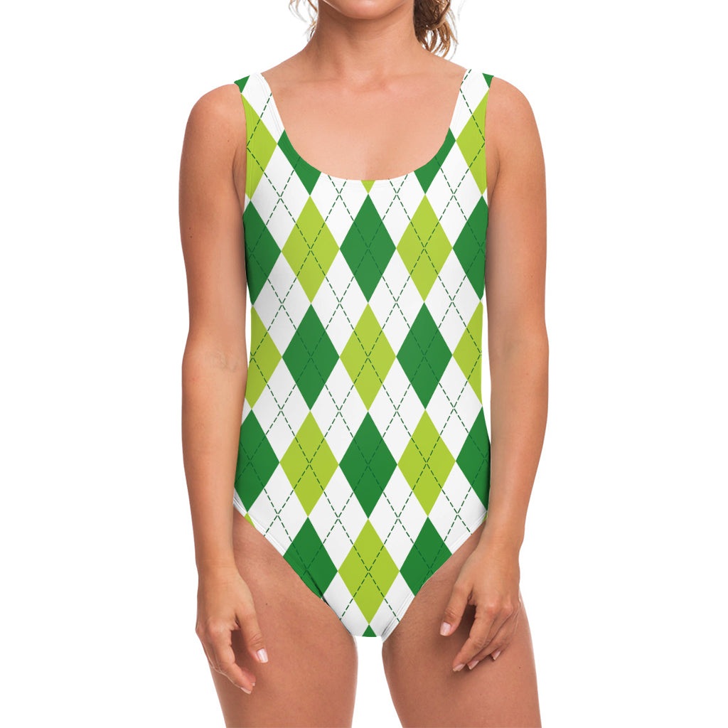 White And Green Argyle Pattern Print One Piece Swimsuit