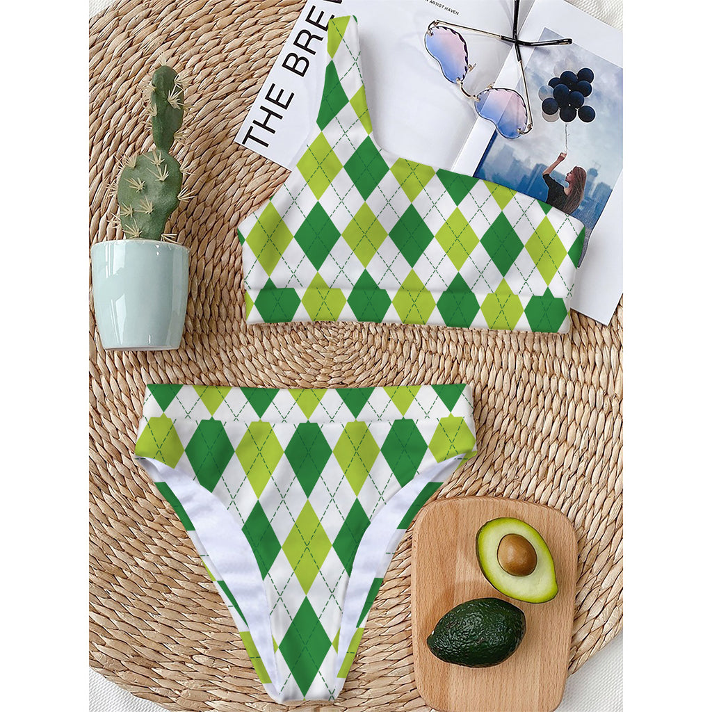 White And Green Argyle Pattern Print One Shoulder Bikini Top