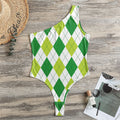 White And Green Argyle Pattern Print One Shoulder Bodysuit