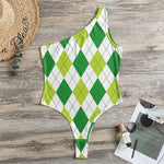 White And Green Argyle Pattern Print One Shoulder Bodysuit