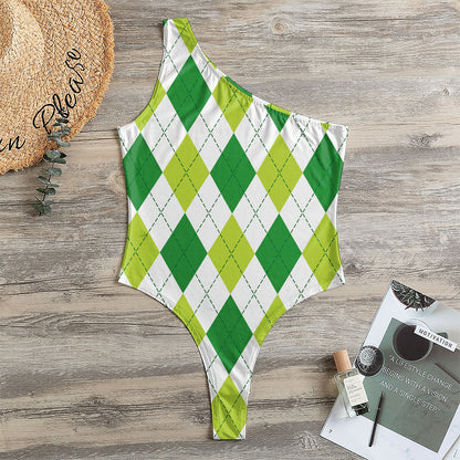 White And Green Argyle Pattern Print One Shoulder Bodysuit