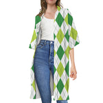 White And Green Argyle Pattern Print Open Front Beach Cover Up